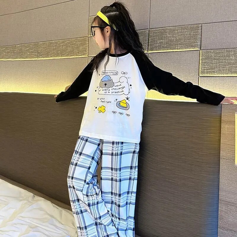 全棉a类中大童空调儿童休闲长袖女童家居服春款纯棉睡衣套装宽松图片