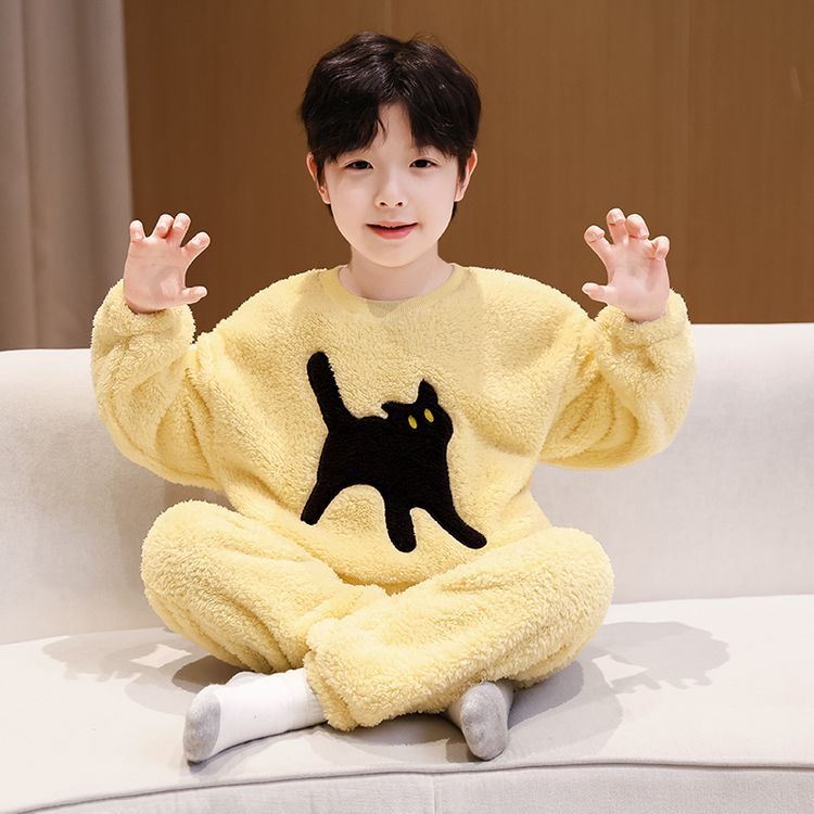 青少年睡衣秋冬款法兰绒男童家居服套装保暖加厚珊瑚绒中大童睡衣