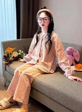 女童家居服女春秋款韩版开衫长袖儿童睡衣套装宽松居家中大童空调
