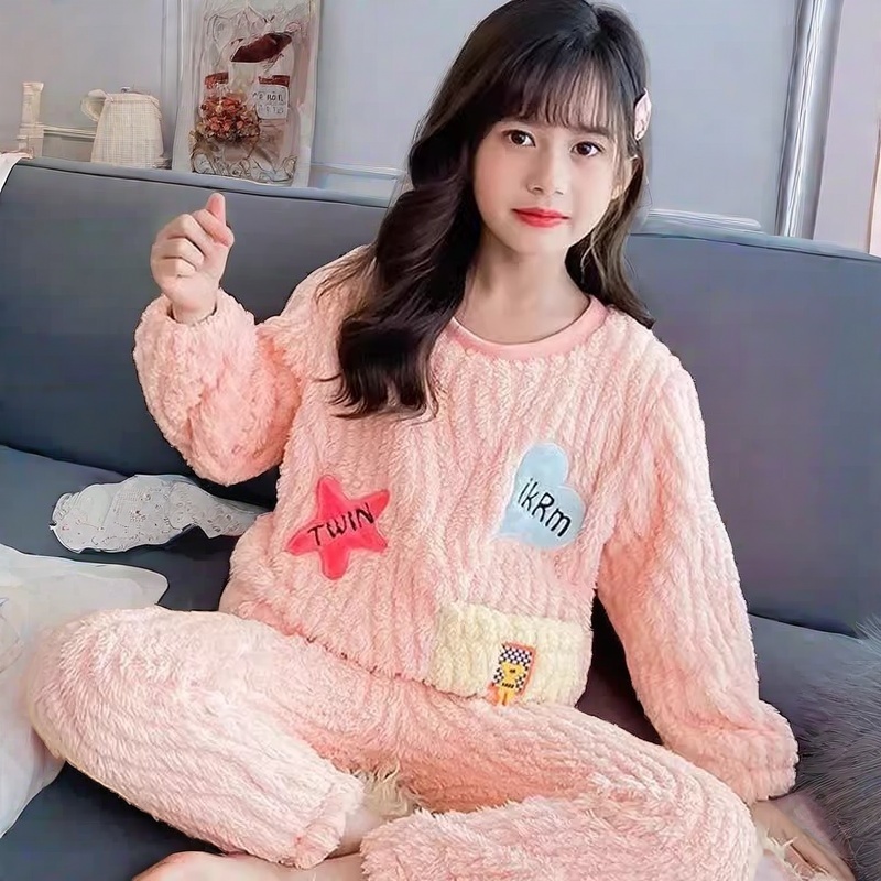 儿童睡衣空调服秋冬款法兰绒女童睡衣套装保暖珊瑚绒中大童家居服