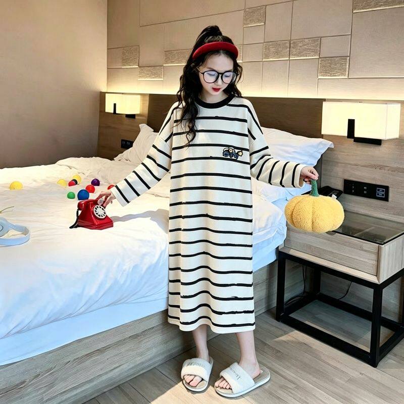 条纹德绒女童加厚女孩睡裙睡裙秋冬季儿童睡衣中大童宽松保暖德绒