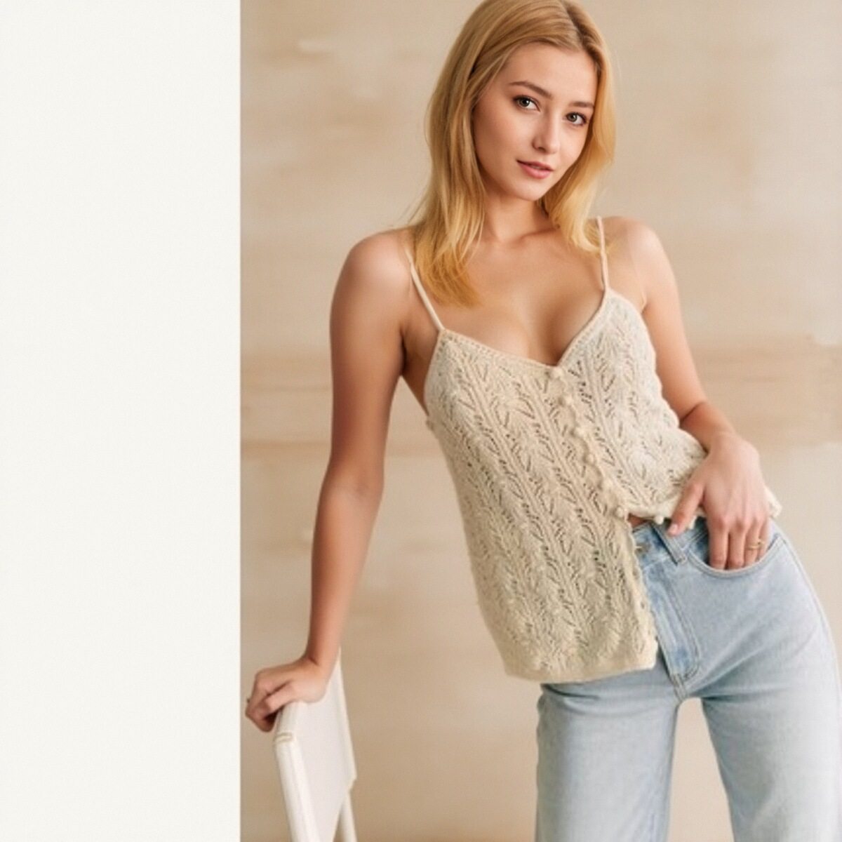 法单醇原 春夏手工钩花镂空V领花边棉质吊带背心高圆圆同款女人味