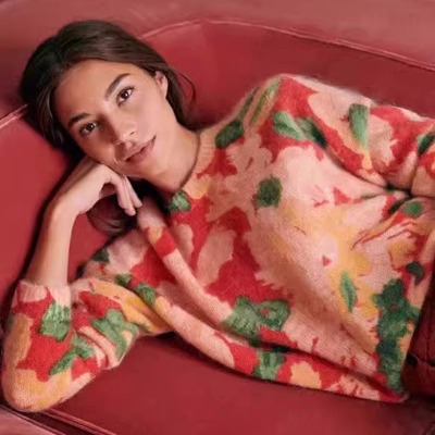 法国醇元羊毛混纺圆领针织衫印花