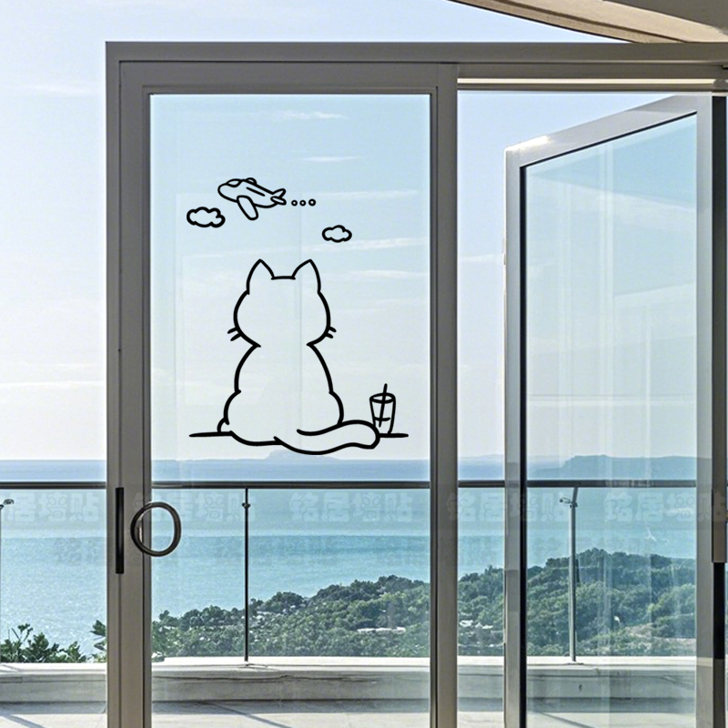 飞机猫创意卡通小猫贴纸厨房阳台玻璃门窗防撞装饰创意个性墙贴