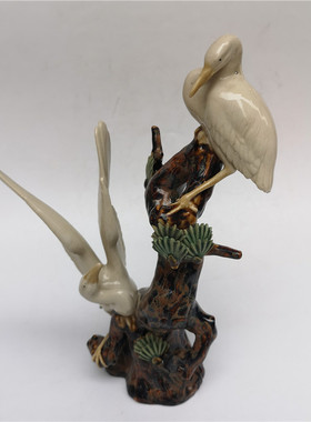 石湾公仔陶瓷手工艺系列年代版本家居装饰摆件收藏双松鹤客厅桌面