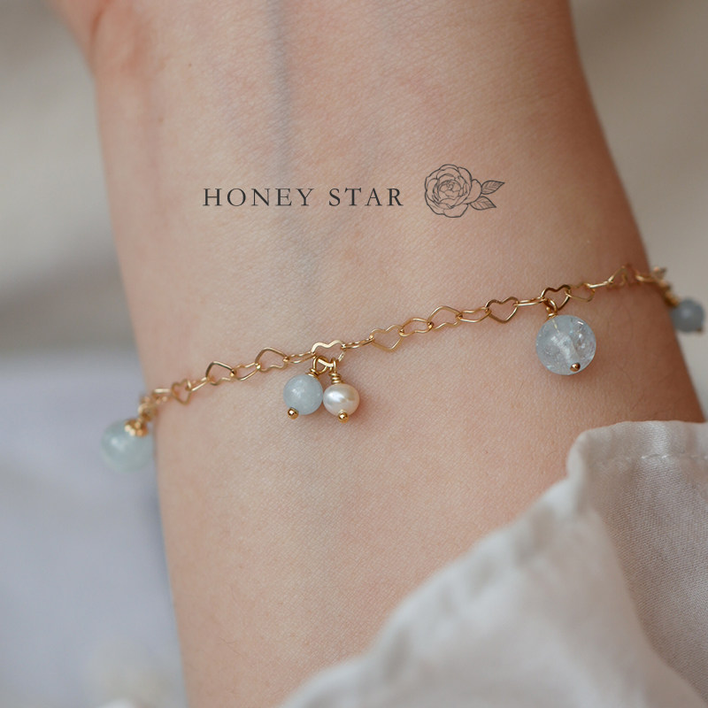 HONEY.人鱼泡沫 14k包金爱心海蓝宝珍珠日系甜美超仙儿灰蓝色手链