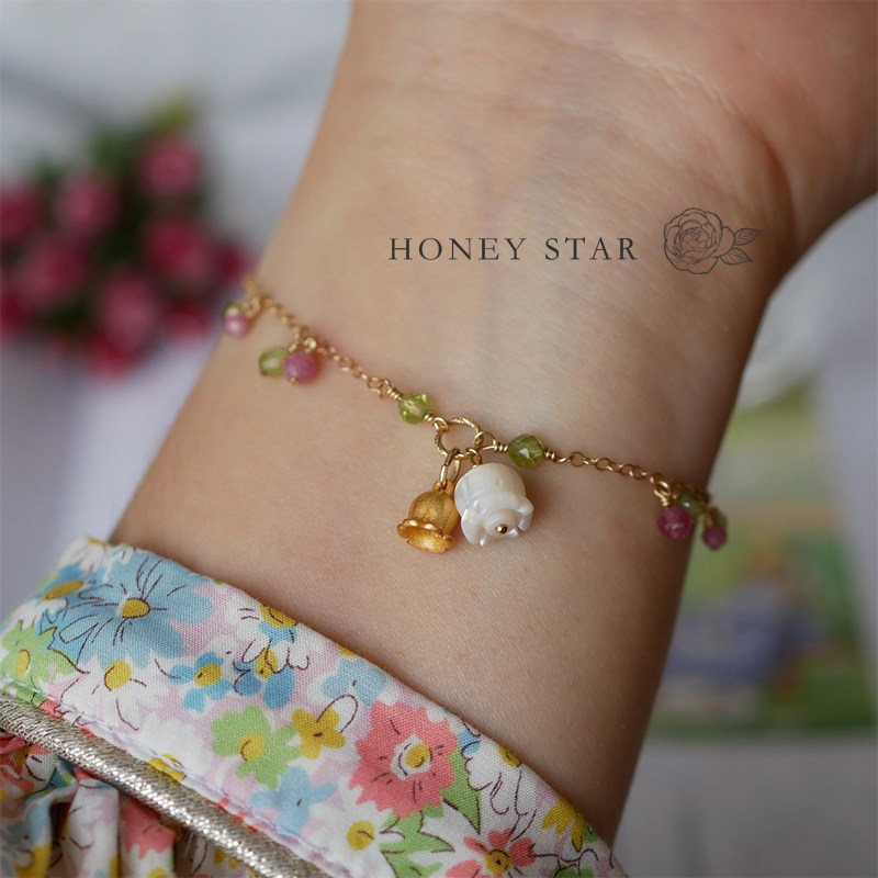 HONEY.原创铃兰手链 美国14k包金手作天然橄榄石碧玺开运精致手饰