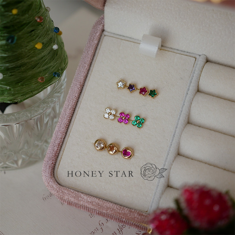 HONEY.10k金圣诞合集 mini精致彩色花朵星星爱心螺丝单只通勤耳钉