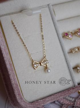 HONEY.14k金满钻蝴蝶结项链
