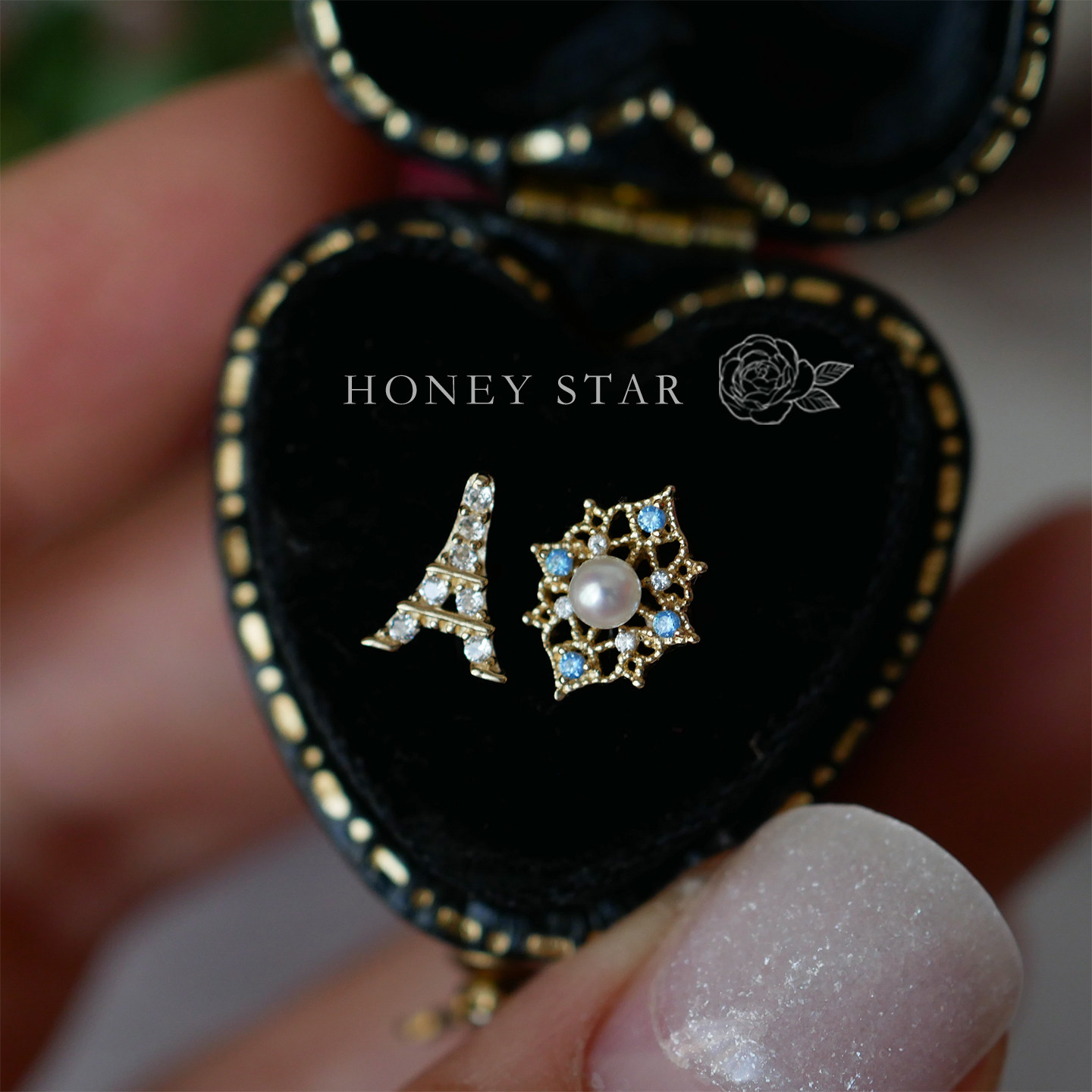 HONEY.10k金巴黎花窗 法式浪漫精致天然淡水珍珠通勤单只螺丝耳钉