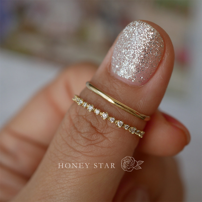 HONEY.14k金半圈钻可叠戴 日系极细精致闪亮百搭通勤简约免摘戒指