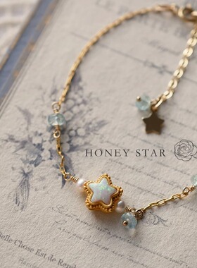 HONEY.海蓝之星 14k包金手作海蓝宝天然欧泊星星淡水珍珠精致手链