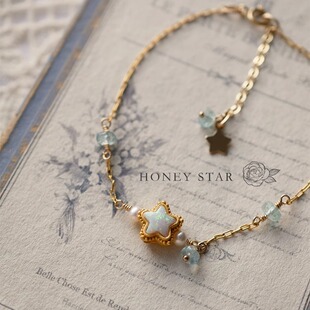 HONEY.海蓝之星 14k包金手作海蓝宝天然欧泊星星淡水珍珠精致手链