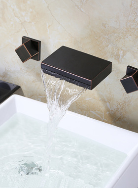 瀑布ORB暗装面盆水龙头冷热全铜 黑色入墙式水龙头洗脸盆双把分体