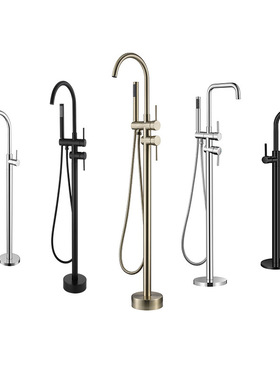 YJB枪灰色铜落地缸边淋浴花洒套装立柱盆地接冷热立式浴缸水龙头