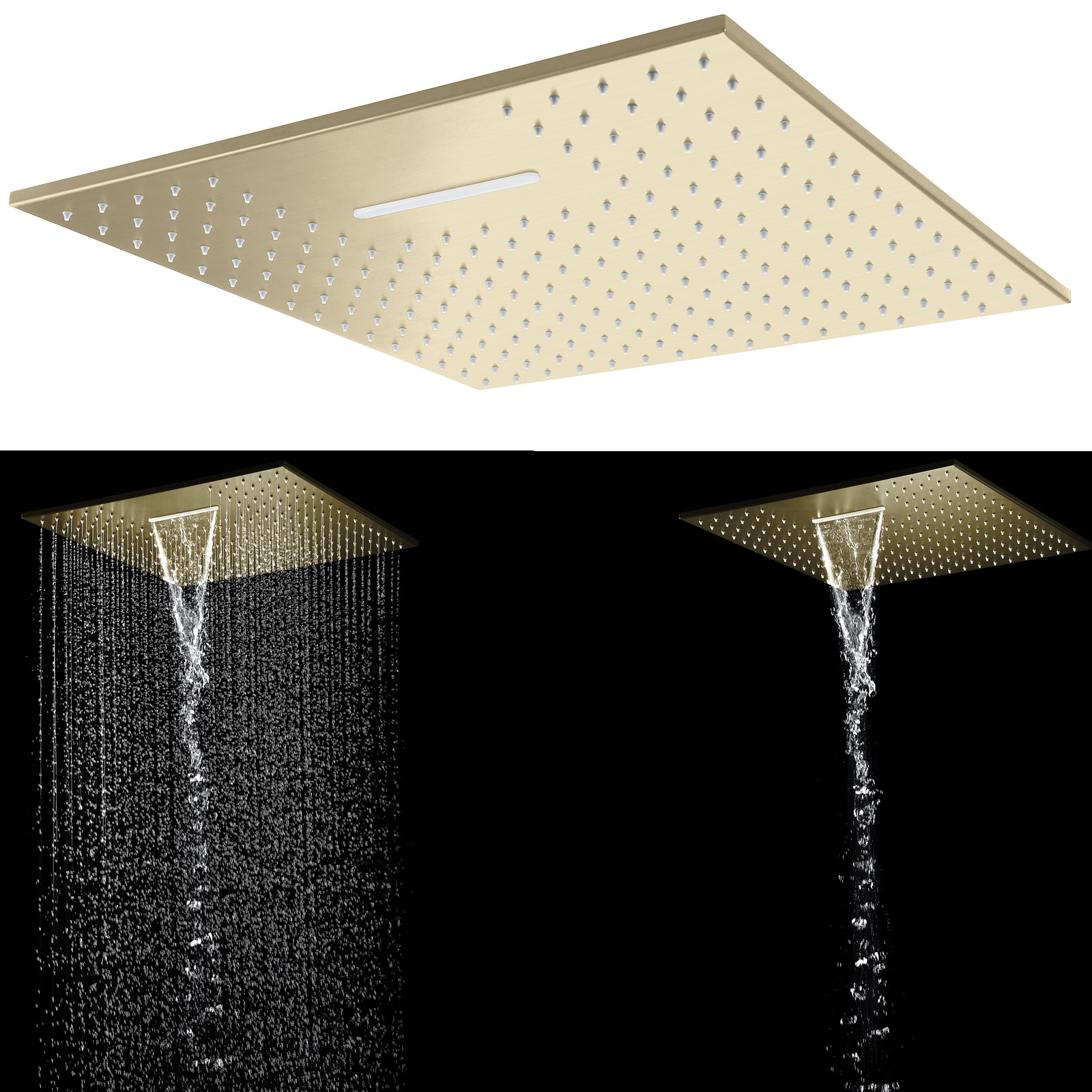 淋浴花洒不锈钢拉丝金20寸方形顶喷雨淋瀑布两功能ORB拉丝喷淋头