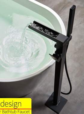 YJB全铜拉丝金枪灰色落地浴缸龙头缸边黑色瀑布立式水槽出水龙头