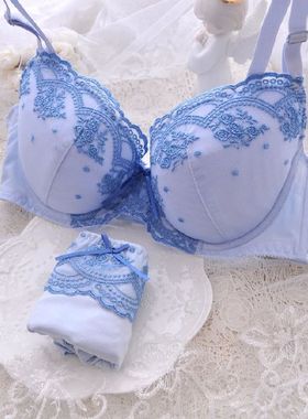 夏天胖MM神秘蓝色刺绣文胸套装85C85D85E90B90E95B95C95D100B100C