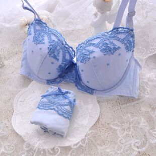 夏天胖MM神秘蓝色刺绣文胸套装85C85D85E90B90E95B95C95D100B100C