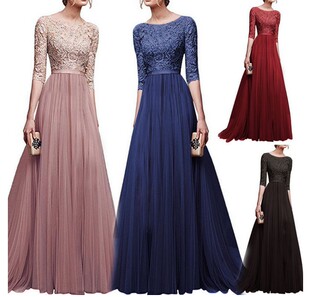2018新品女装欧洲站纯色气质雪纺晚礼服长款连衣裙Evening dress
