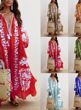 2021 eBay 速卖通秋新款 V领女长袖印花连衣裙