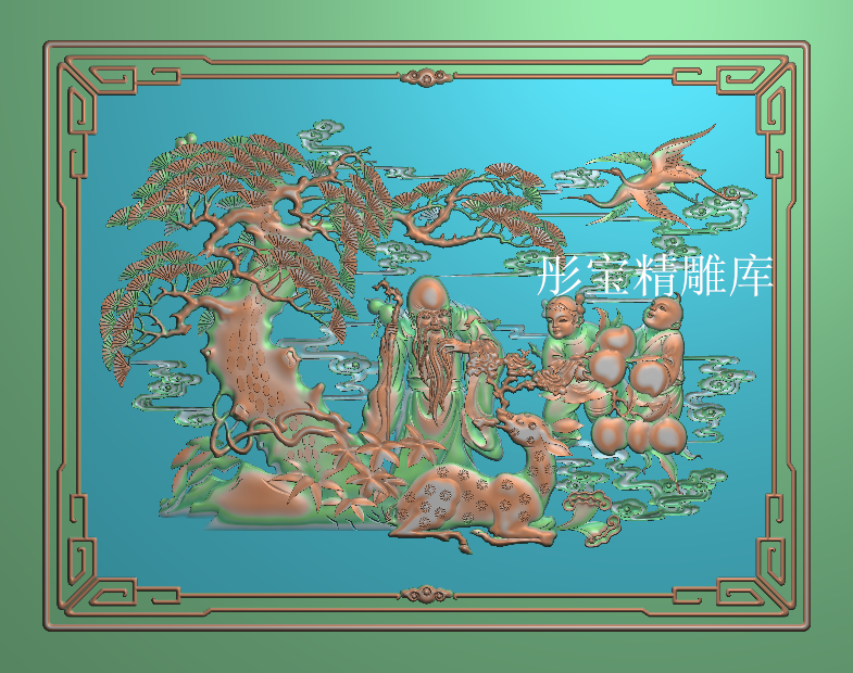 寿星童子 福禄寿 精雕图松鹤浮雕 灰度 雕刻 背板梅花鹿 仙鹤寿桃