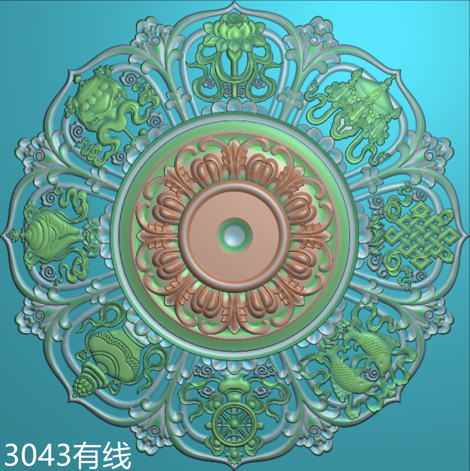 藏式圆八宝精雕图藏族装修图灯盘挂件浮雕图吉祥八瑞物雕刻灰度图