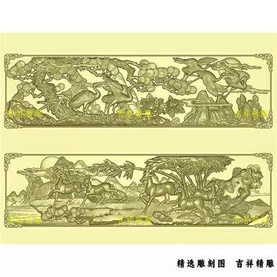 松鹤延年浮雕扫描图古建照壁影壁墙壁堵精雕图石雕 彤宝精雕