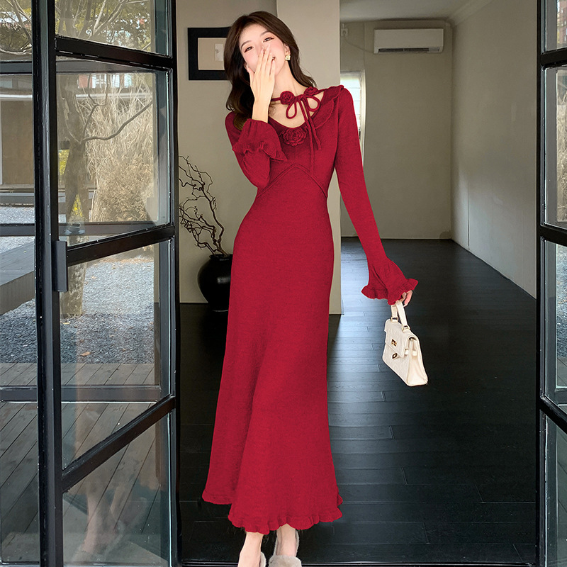 针织连衣裙女修身长裙设计感