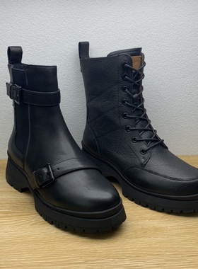 Hush Puppies暇步士女靴头层牛皮厚底增高休闲皮靴冬季防滑马丁靴