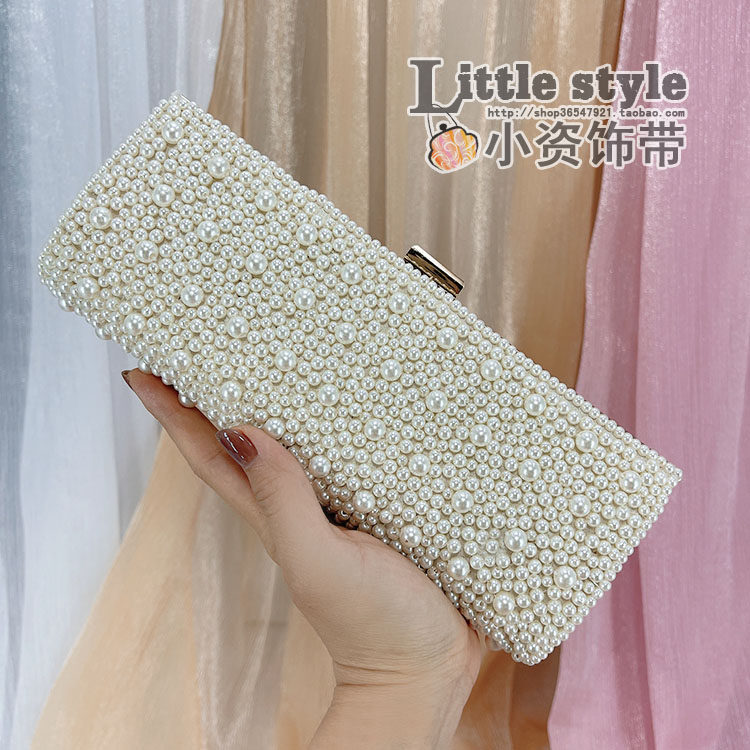 长条珍珠手拿包腋下包 手工钉珠绣包串珠vintage复古风