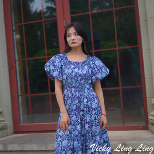 LIBERTY深蓝胸前打揽泡泡袖 连衣裙 法式