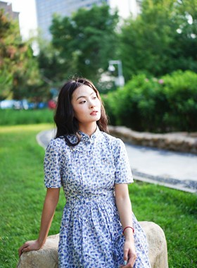 LIBERTY复古蓝色蜻蜓盘扣休闲中式连衣裙