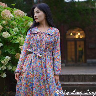 LIBERTY九分袖 复古捏花超大裙摆连衣裙