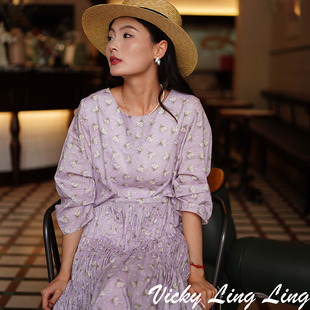 liberty淡紫花束休闲打揽连衣裙夏新款