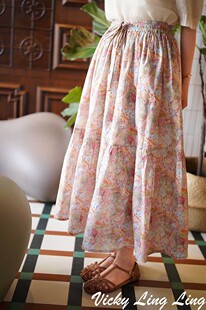 liberty粉房子松紧腰半身裙大摆