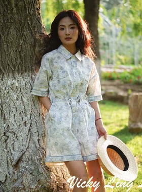 LIBERTY府绸复古蓝色地图休闲连体裤