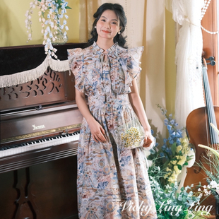 LIBERTY复古风琴褶长裙高级油画感显瘦连衣裙