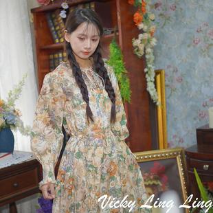 liberty复古油画风灯笼袖 连衣裙 领口别致捏花长袖