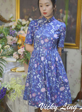 LIBERTY复古蓝色喜鹊旗袍