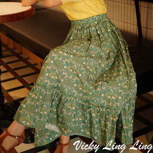 LIBERTY复古大裙摆绿色开心兔半身裙