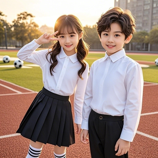 女童衬衣 小学生男童表演出服毕业拍照运动会短袖 儿童白色衬衫 长袖