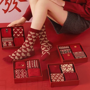 VALINGNSL本命年红色袜子女款 棉袜 秋冬中筒袜加厚新年鸿运礼盒装