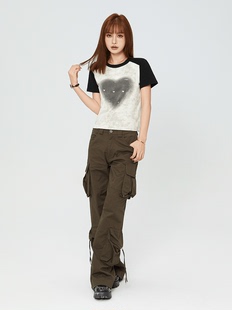 STN美式重工设计感双腰撞色阔腿工装裤女2024新款直筒拖地休闲裤