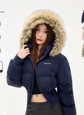 STN连帽大毛领2025冬季新款收腰羽绒服外套女90白鸭绒加厚短款