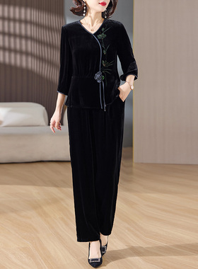 春秋季金丝绒中老年妈妈套装女新中式国风复古气质遮肚显瘦两件套