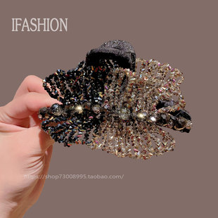 轻奢气质双色水晶抓夹高级感后脑勺鲨鱼夹黑色发量多水钻发夹精致