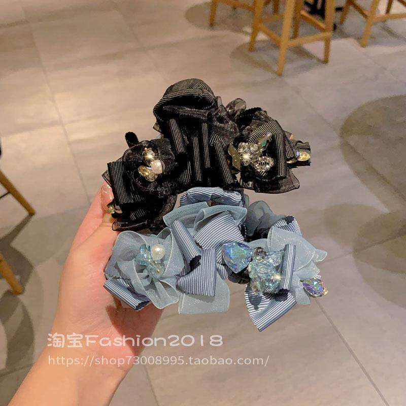 2024新款镶钻水晶抓夹女网纱蝴蝶结高级感百搭发抓夹大号盘发夹子