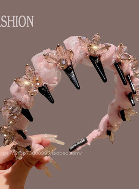 韩版水晶高颅顶发箍女新款简约显脸小麻花头箍发捆百搭不勒头发卡