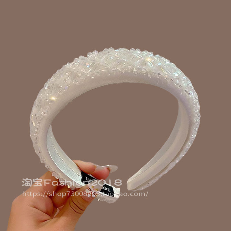 精致韩版珍珠发箍手工水晶网格海绵宽边头箍编织压发洗脸满钻发饰